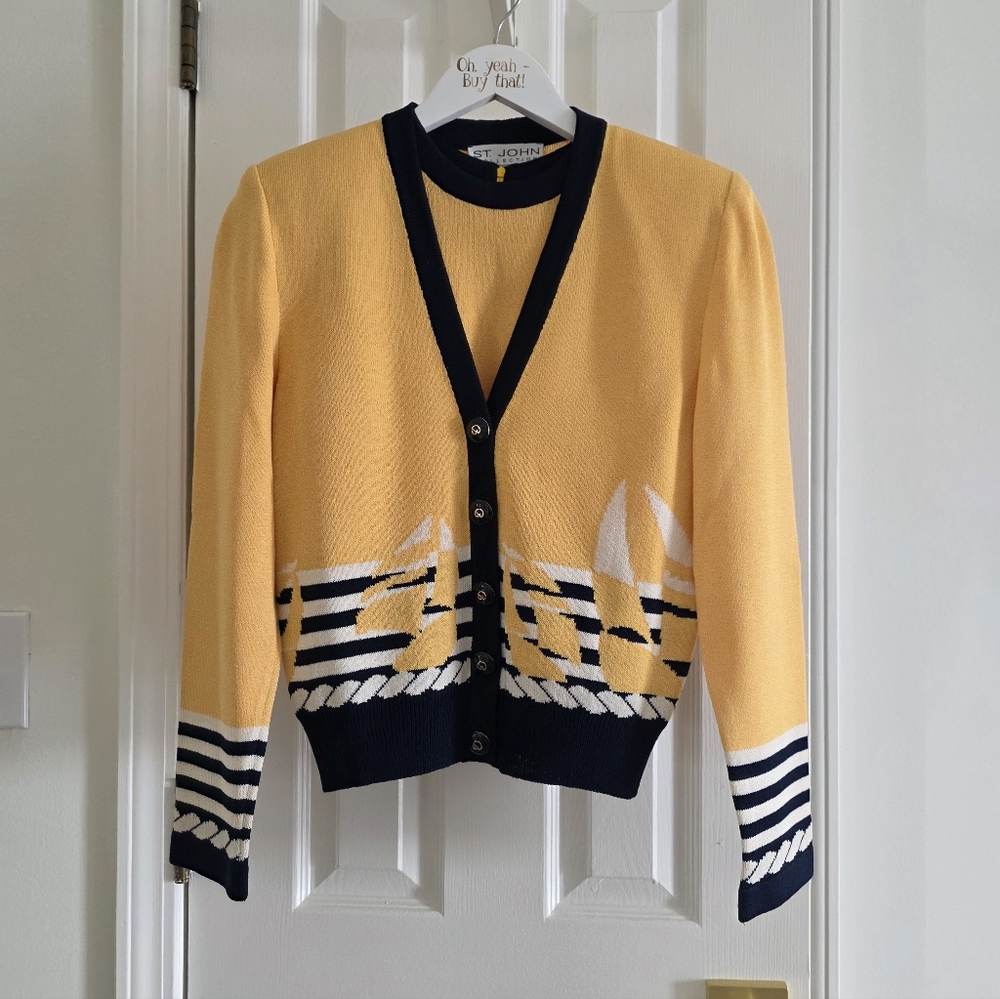 NEW St John Collection Cardigan Sweater Set Size P / XS Caviar Knit Sailboat